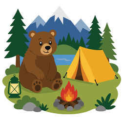 Bear Camping With Tent And Campfire