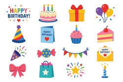 birthday party icon set with cake and balloons