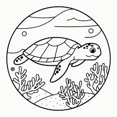 Black Outline Drawing of a Sea Turtle Swimming in Ocean