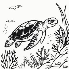 Black Outline Drawing of a Sea Turtle Swimming Underwater