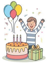 Boy celebrating birthday with cake and balloons