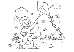 boy flying kite on spring day coloring page