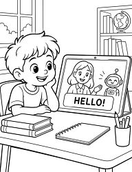 Boy Learning With AI Robot And Teacher Coloring