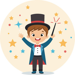 boy magician performing magic trick with wand