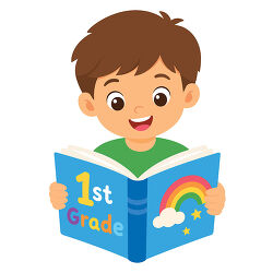 Boy Reading 1st Grade Book With Rainbow