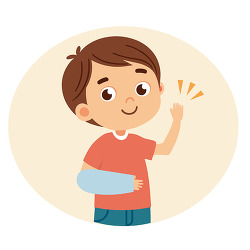 boy with arm cast waving and smiling