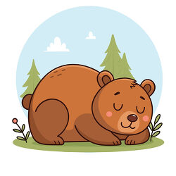 Brown Bear Sleeping In Forest Cartoon