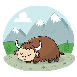 Brown Yak Sleeping in Mountain Landscape