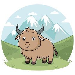 Brown Yak Standing in Mountain Landscape