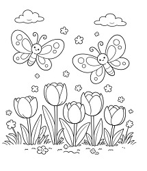 Butterflies And Tulips Spring Garden Coloring Page