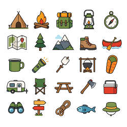 camping gear outdoor adventure icon set