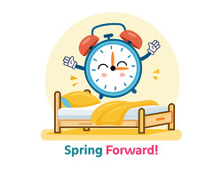 Cartoon Alarm Clock Jumping On Bed Spring Forward