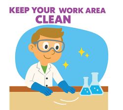 Cartoon boy scientist cleaning lab table with beakers