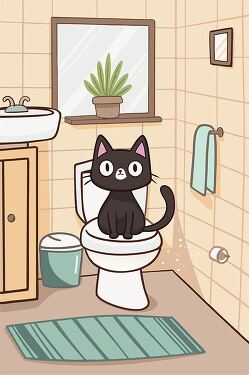 Cartoon Cat Sitting on Toilet in Bathroom Setting