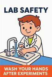 Cartoon child washing hands at sink lab safety