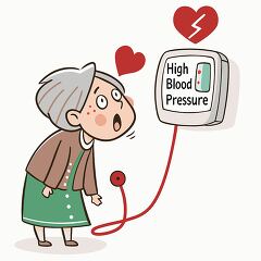 Cartoon of a surprised elderly woman checking blood pressure