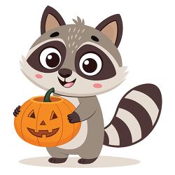 cartoon raccoon holding jack o lantern pumpkin
