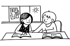 Child Assisting Classmate With School Work in Classroom