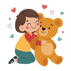 Child Hugging Teddy Bear With Hearts