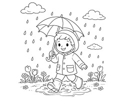 Child Walking In Spring Rain Coloring Page