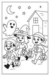 children in Halloween costumes trick or treating coloring page