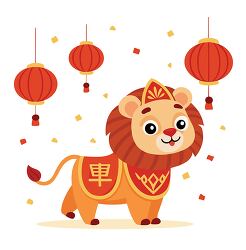 chinese new year lion character red lanterns