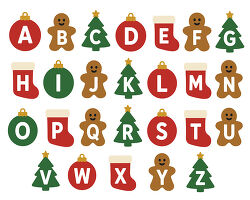 Christmas Alphabet With Ornaments Gingerbread Trees And Stocking