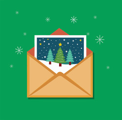 Christmas card in envelope with winter tree scene