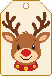 Christmas Reindeer With Red Nose And Jingle Bells Gift Tag
