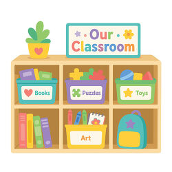 Classroom Shelf With Labeled Bins