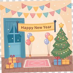 Colorful New Year Celebration Room in Festive Cartoon Style