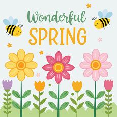 Colorful Spring Flowers and Cheerful Bees in Nature