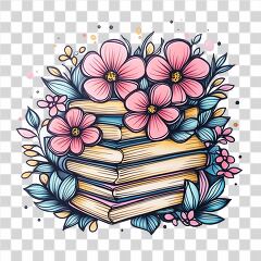 Colorful Stack of Books Surrounded by Pink Flowers