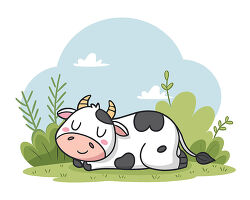 Cow sleeping in meadow