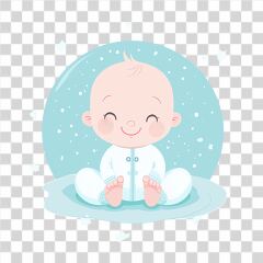 Cute Baby Sitting in Snow Against a Blue Background