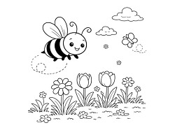 Cute Bee Flying Over Spring Flowers Coloring Page