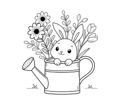 cute bunny in watering can coloring page illustration