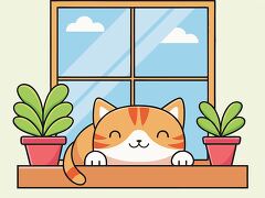 Cute Cat Relaxing by Window With Plants