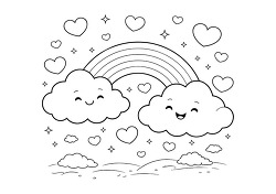 cute rainbow clouds with hearts coloring page