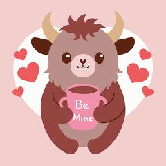 Cute Valentine Yak Holding a Pink Coffee Cup