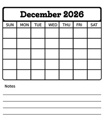 december 2026 blank calendar with notes printable