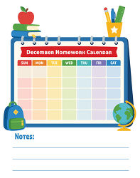 december Homework Calendar Notes