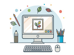 Digital art workspace with computer and tools