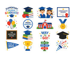 elementary school graduation icon set with cap and diploma