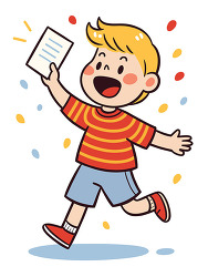 Excited boy running while holding paper
