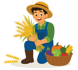 Farmer Holding Grain With Harvest Vegetable Basket