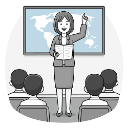 female teacher pointing at world map in classroom