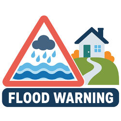Flood Warning Sign With House And Rising Water