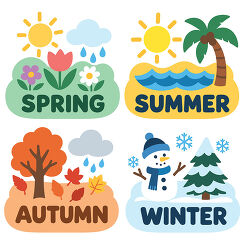 Four Seasons Labels With Snowman Palm Tree And Flowers