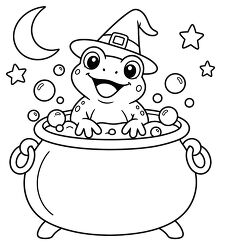 Frog In Witch Cauldron Coloring Page